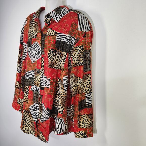 Vtg S.G. Sport Collection Womens Shirt Large Animal Print Patchwork Red Button - Picture 5 of 11